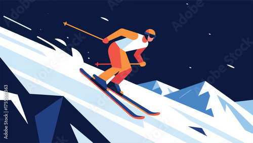 Obraz na plátně Illustration Of Skier Descending A Snowy Mountain Slope, With Skis And Poles, Sh