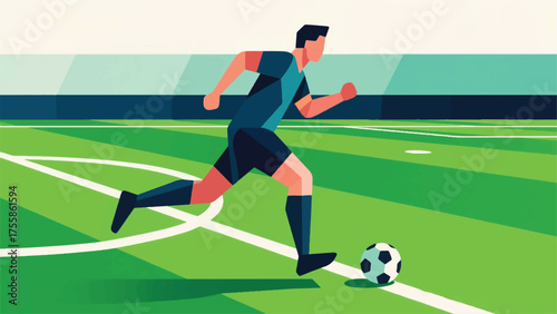 Illustration Of Soccer Player Dribbling The Ball Across A Green Field, Showing Dynamic Movement And A Focused Gaze Vector Design Template