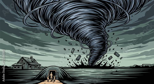 Massive Tornado over Countryside – Severe Weather and Storm Safety Illustration