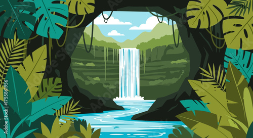 Tropical Waterfall Hidden in Lush Jungle Cave – Nature Travel Illustration