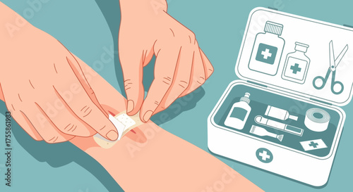 Applying Bandage from First Aid Kit – Home Wound Care Illustration