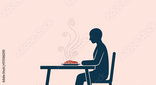 Lonely Person Eating Steaming Meal at Table: Solitude, Depression, or Simple Dining Illustration