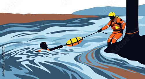 Swift Water Rescuer Saving Drowning Victim with Life Buoy: River Flood Emergency Operation Illustration