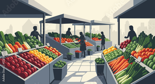 Open-Air Farmer's Market Stalls: Fresh Organic Produce and People Shopping for Healthy Food in City