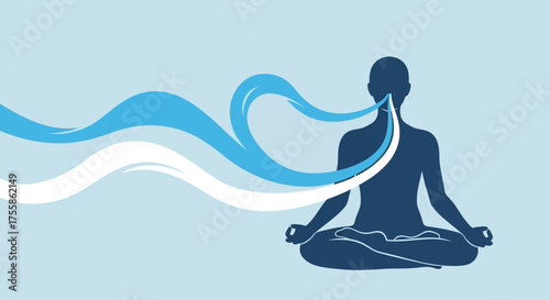 Pranayama Breathing and Meditation Silhouette: Man in Lotus Position with Flowing Air and Mental Well-being