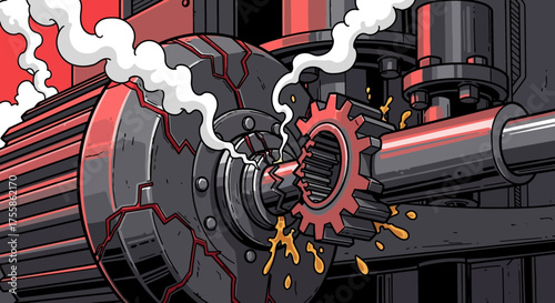 Industrial Mechanical Breakdown and Machine Failure: Broken Gears, Smoke, and Leaking Oil in Factory Maintenance