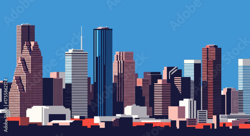 Houston Texas Downtown Skyline Vector Illustration: Modern Cityscape with Contemporary Skyscrapers