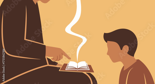 Teacher or Mentor Sharing Wisdom from a Glowing Holy Book with a Young Student: Education and Spiritual Learning