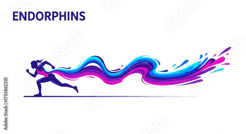 Endorphins Rush: Female Runner Silhouette Sprinting with a Trail of Vibrant, Wavy Abstract Paint Splashes in Blue, Purple, and Pink