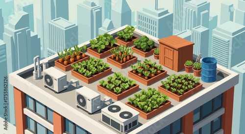 Isometric Urban Rooftop Garden on a Skyscraper Featuring Raised Planter Boxes with Fresh Vegetables, a Shed, and HVAC Units