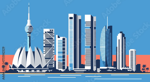Modern colombo City Skyline Illustration with sri lankanTowers and Contemporary High-Rise Buildings Against a Bold Blue Sky and Coastline