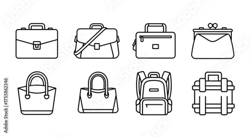 Set of various types of bags and luggage perfect for travel, fashion, and accessoryrelated designs and illustrations