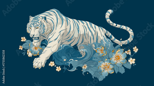 Vector illustration of a neo traditional and japanese tattoo design of a White tiger on a deep blue background
