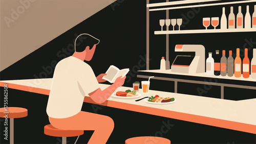 Illustration Of Man Enjoying A Quiet Meal At A Bar, Engrossed In A Book, With Food And Drink On The Counter Vector Design Template