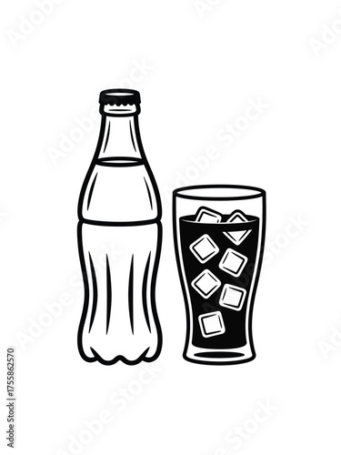 Classic cola bottle and glass with ice cubes, refreshing carbonated beverage, cold drink illustration