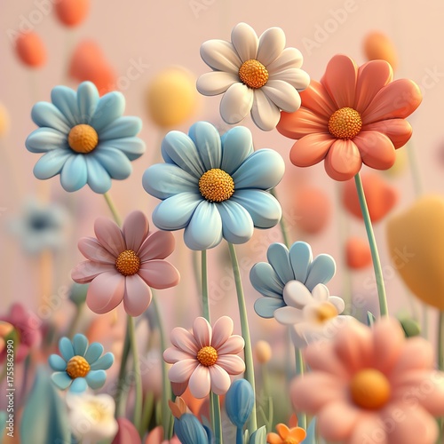 Whimsical Floral Dreamscape: A vibrant assortment of pastel-colored blooms dances in the gentle breeze, creating a dreamy and cheerful scene.