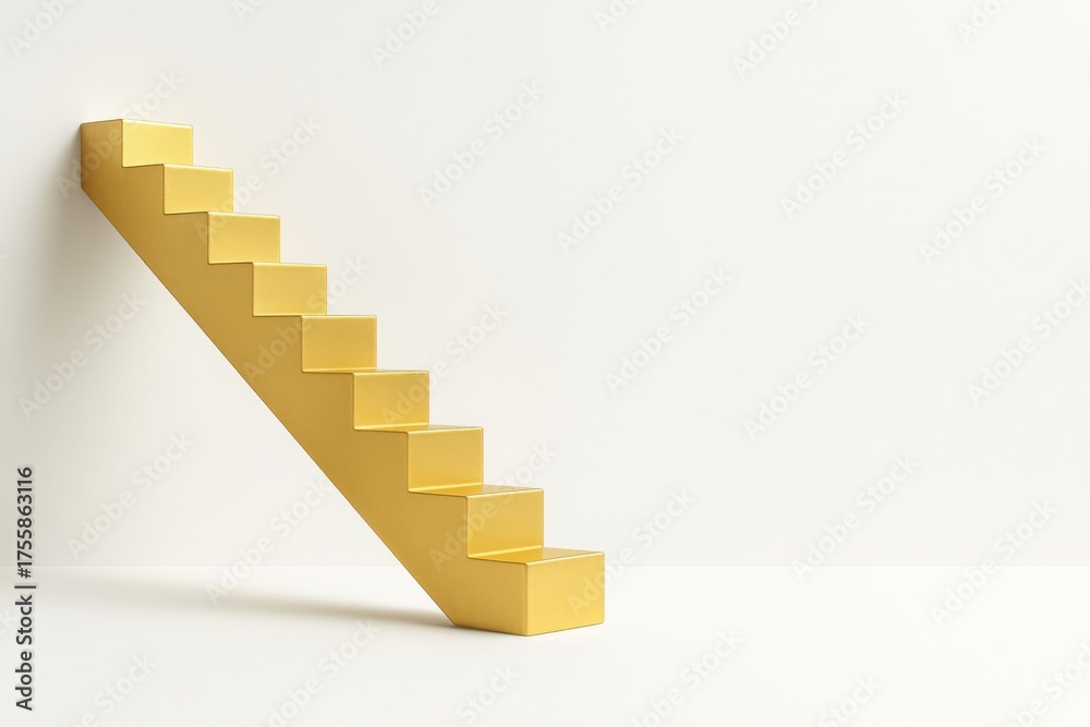 Fototapeta premium Golden staircase rising upward on white background with soft lighting and clean space for text premium concept for growth career progress and business success