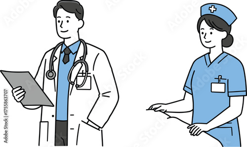 Cartoon doctor, nurse, medical team, healthcare professionals, hospital staff, stethoscope, clipboard, scrubs, nurse cap, clean background, illustration, uniform, teamwork, diagnosis, consultation
