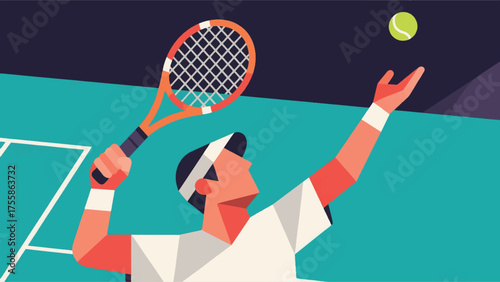 Illustration Of Tennis Player Serving, With The Racket Mid-Swing And A Tennis Ball In The Air Vector Design Template
