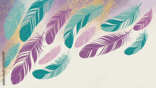 Illustrated feathers in shades of purple and teal scattered on a light background with gold accents