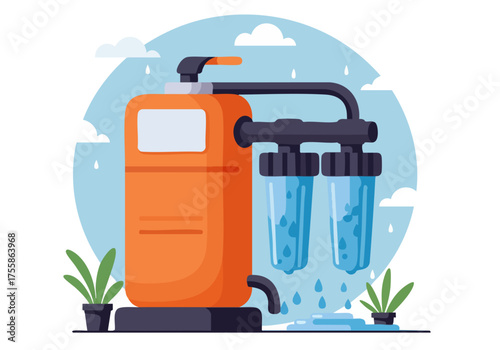 modern orange Smart Pure Sync water filter system dispenses clean water Two clear containers showcase the filtered results set against a soft blue background with subtle foliage