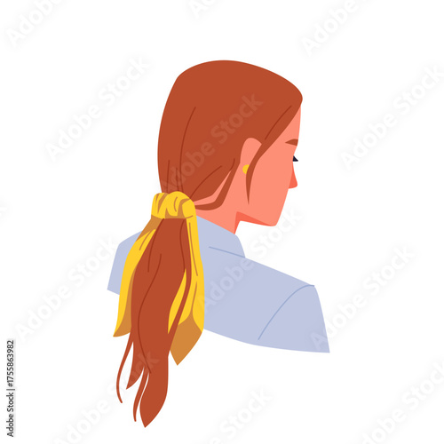 Back view of woman with brown hair and yellow scarf in ponytail on isolated white background vector illustration