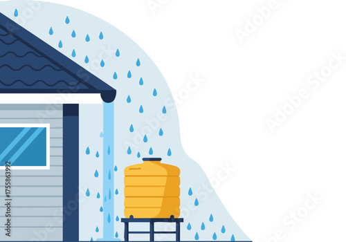 A modern illustration depicts rainwater flowing into a tank, showcasing active rain flow. Clean lines and a blue color palette create a visually appealing and informative design.