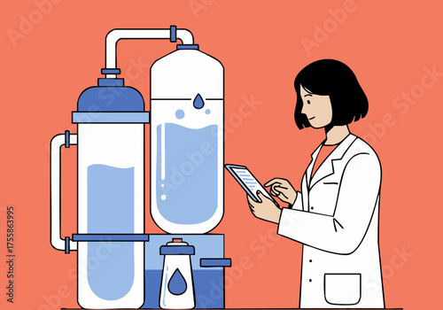 A professional woman analyzes water filtration results using a tablet, showcasing a modern lab setup. Clean lines and bright colors create a visually appealing and informative image.