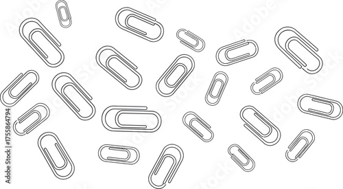 Seamless Pattern of Black Outline Paper Clips Scattered on White Background