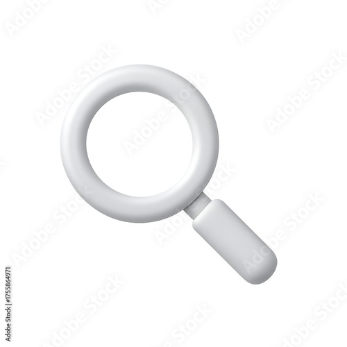 3D white magnifying glass icon symbolizing search and zoom concept.