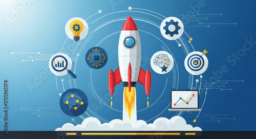 Conceptual illustration of a rocket launching, symbolizing business startup, innovation, and technological advancement