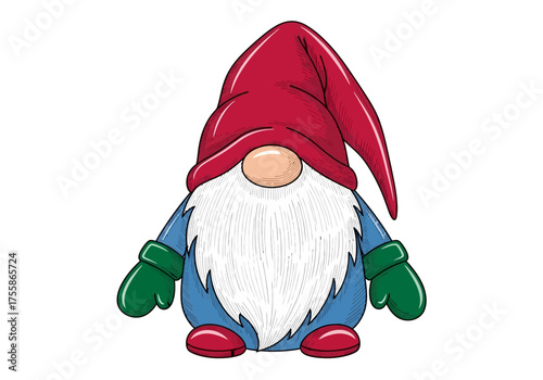 Cute Christmas Gnome Character with a Big White Beard, Wearing a Red Pointed Hat, Blue Coat, and Green Gloves