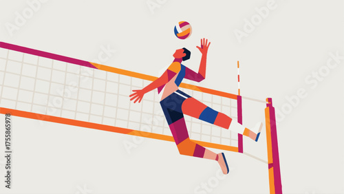 Illustration Of Volleyball Player Spiking The Ball Over A Net, With Dynamic Jump And Focused Expression Vector Design Template