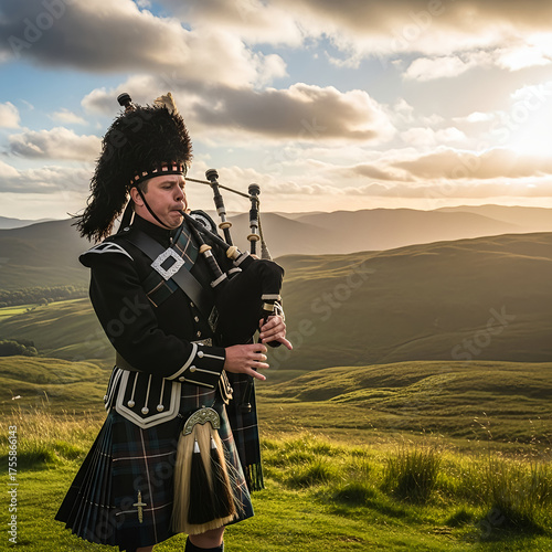 Bagpiper in Scottish Highlands at Sunset