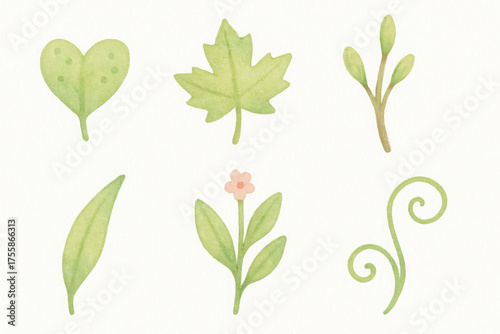 Green plant leaf elements and small flower create delicate fresh nature design, evoking spring
