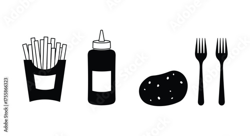 Simple illustration featuring fries ketchup potato and cutlery items