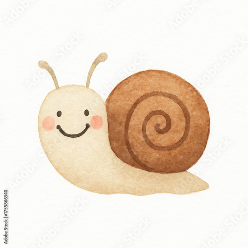 Cheerful snail illustration features brown shell and smiling face