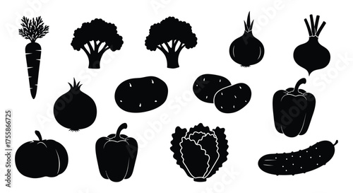 Black silhouettes of various vegetables arranged on a white background