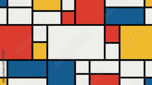 Composition with primary colors and black lines creating rectangular shapes and geometric forms