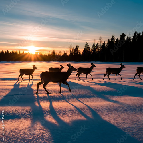 Herd of Deer Silhouetted at Sunset in Snowy Field
