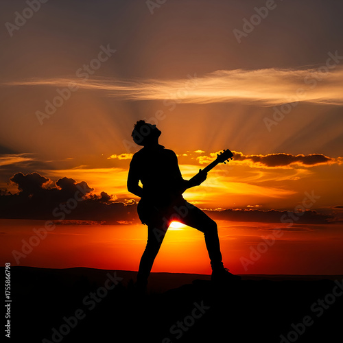 Silhouette of Guitarist Playing at Sunset