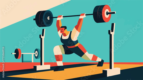 Illustration Of Weightlifter Performing A Clean And Jerk, With Barbells And Focused Exertion Vector Design Template