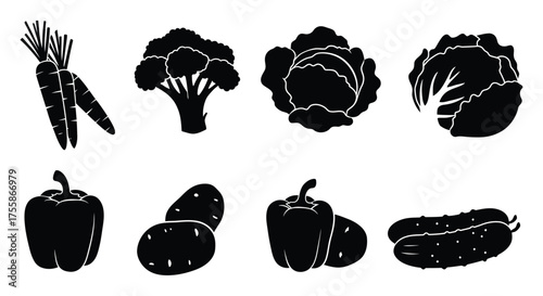 Black and white silhouette illustration of various fresh garden vegetables