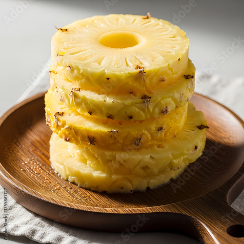 Stacked Pineapple Slices on Wooden Plate