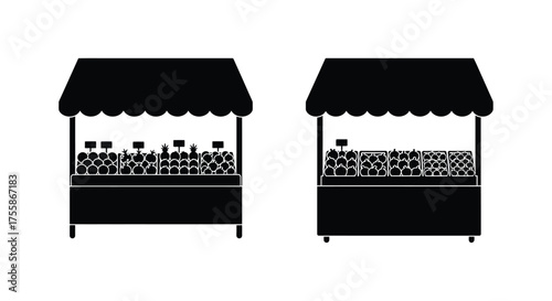 Two black market stall icons displaying various products for sale