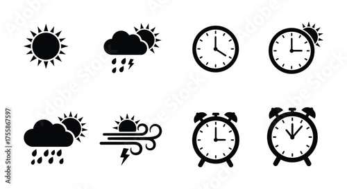 Weather and time icons set in simple black and white style