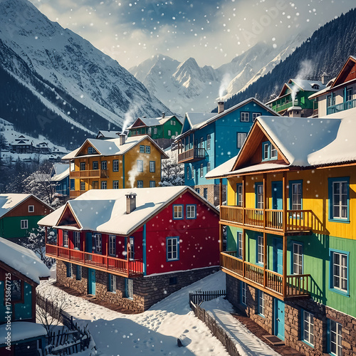 Colorful Houses in Snowy Mountain Village