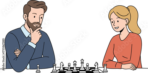 Chess game between thoughtful man and smiling woman, strategic thinking, indoor leisure, casual competition, intellectual challenge, board game, friendship, focus