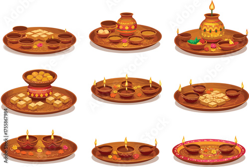 Traditional Indian Diwali puja thali set with diyas, sweets, kalash pot, and festive decorations, Hindu celebration elements, CAD drawing flat vector illustration