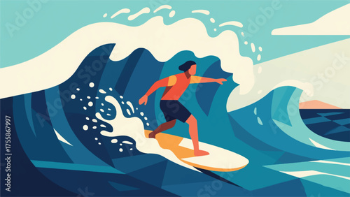 Illustration Of A Man Surfing With Big Waves Vector Design Template